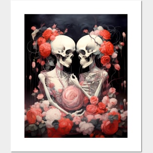 Happy Halloween: Halloween Skeletons in Love on a Dark Background Posters and Art